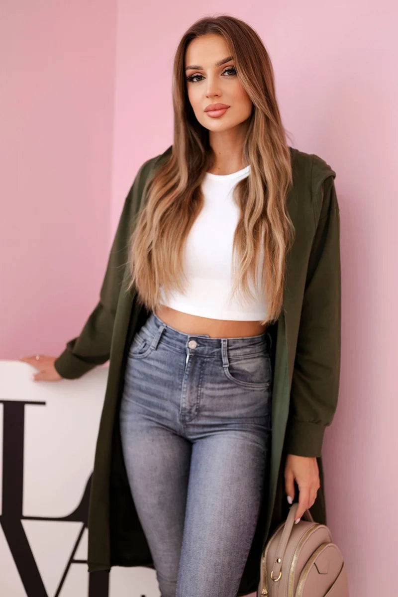 Kardigán s kapucňou oversize khaki univerzálne