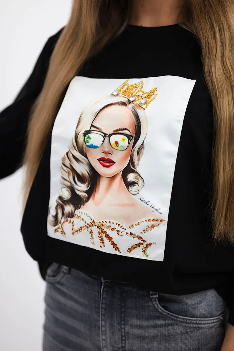 Blúzka s grafikou dievčaťa v okuliaroch 3D čierna univerzálne