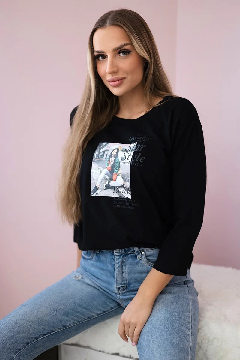 Blúzka s potlačou Star Style čierna univerzálne