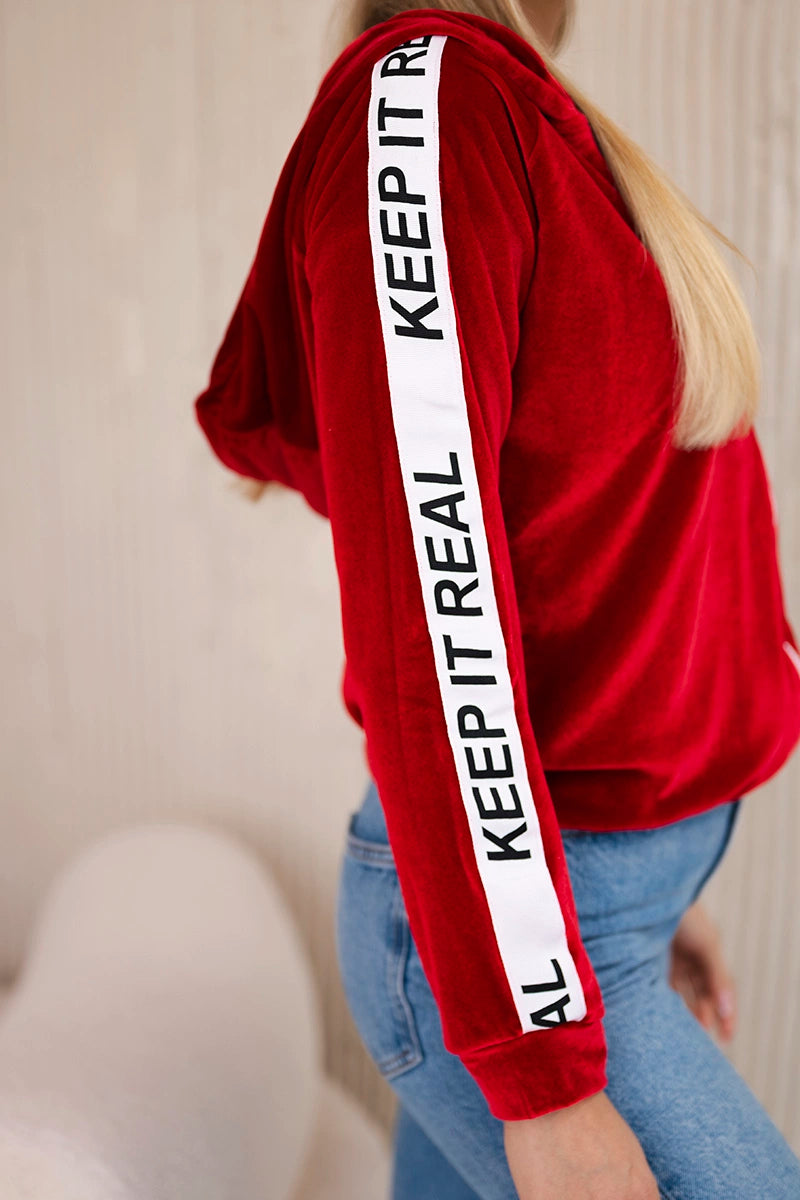 Velúrová mikina s kapucňou červená univerzálne