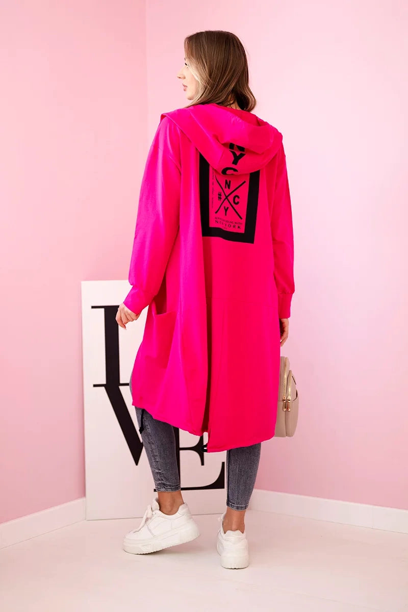Kardigán s kapucňou oversize fuchsie univerzálne