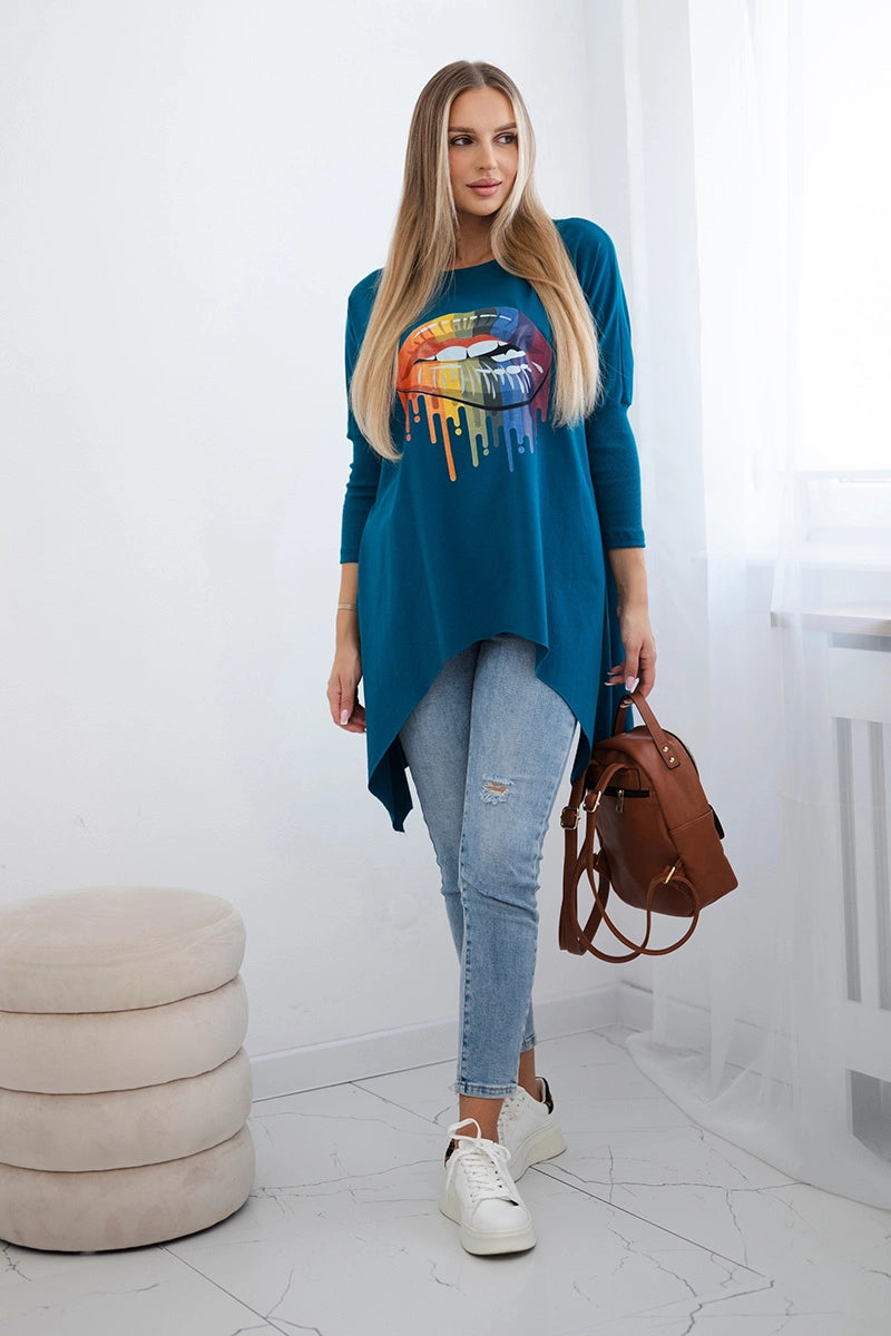 Blúzka oversize s potlačou dúhových pier námorné univerzálne