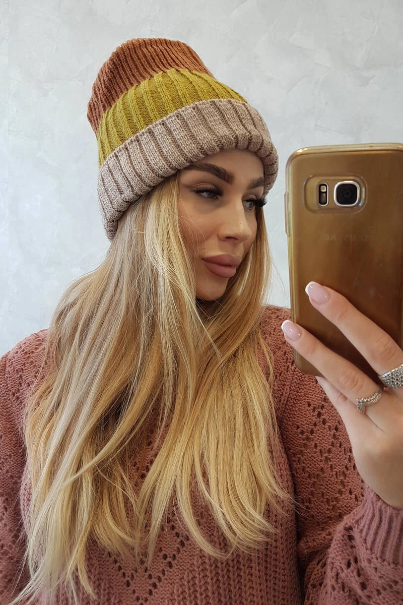 Čapica s fleece Bojana K265 béžová+kiwi+ťava univerzálne