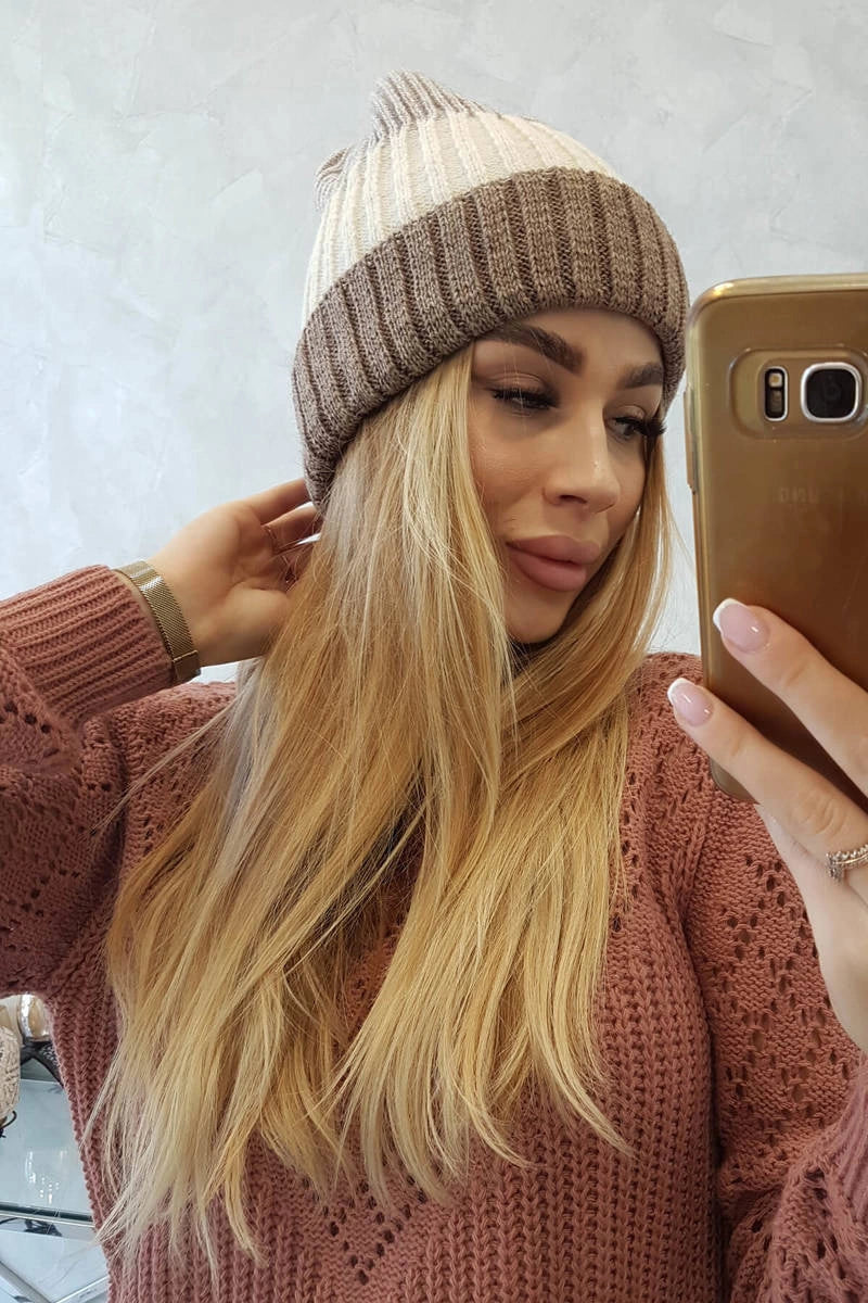 Čapica s fleece Bojana K265 tmavá béžová+ecru+svetlo béžová univerzálne