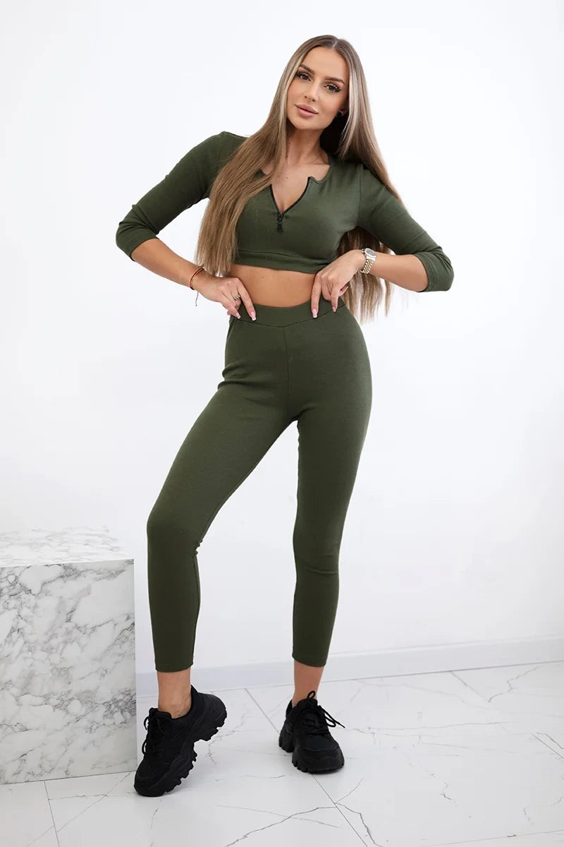 Rebrovaný crop top set kaki univerzálne