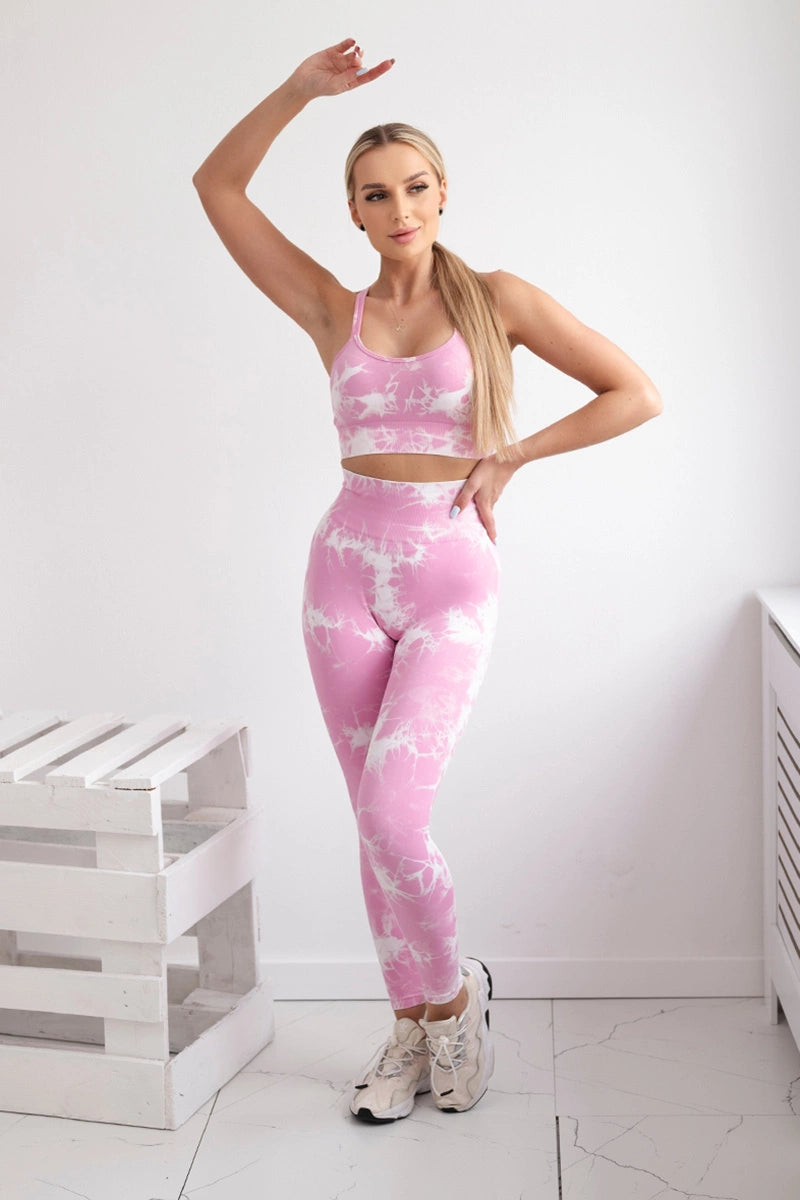 Fitness set top +legíny push up svetloružová + ecru S/M