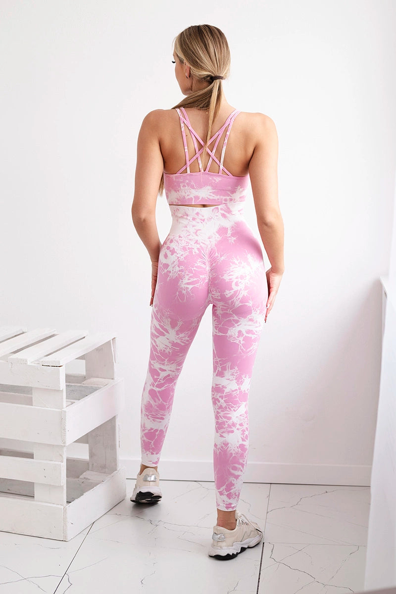 Fitness set top +legíny push up svetloružová + ecru M/L