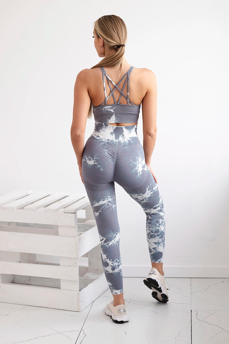 Fitness set top +legíny push up šedá + biela M/L