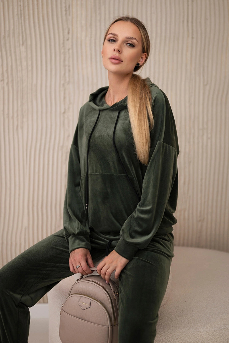 Velúrová súprava klokanie mikinové + nohavice khaki univerzálne