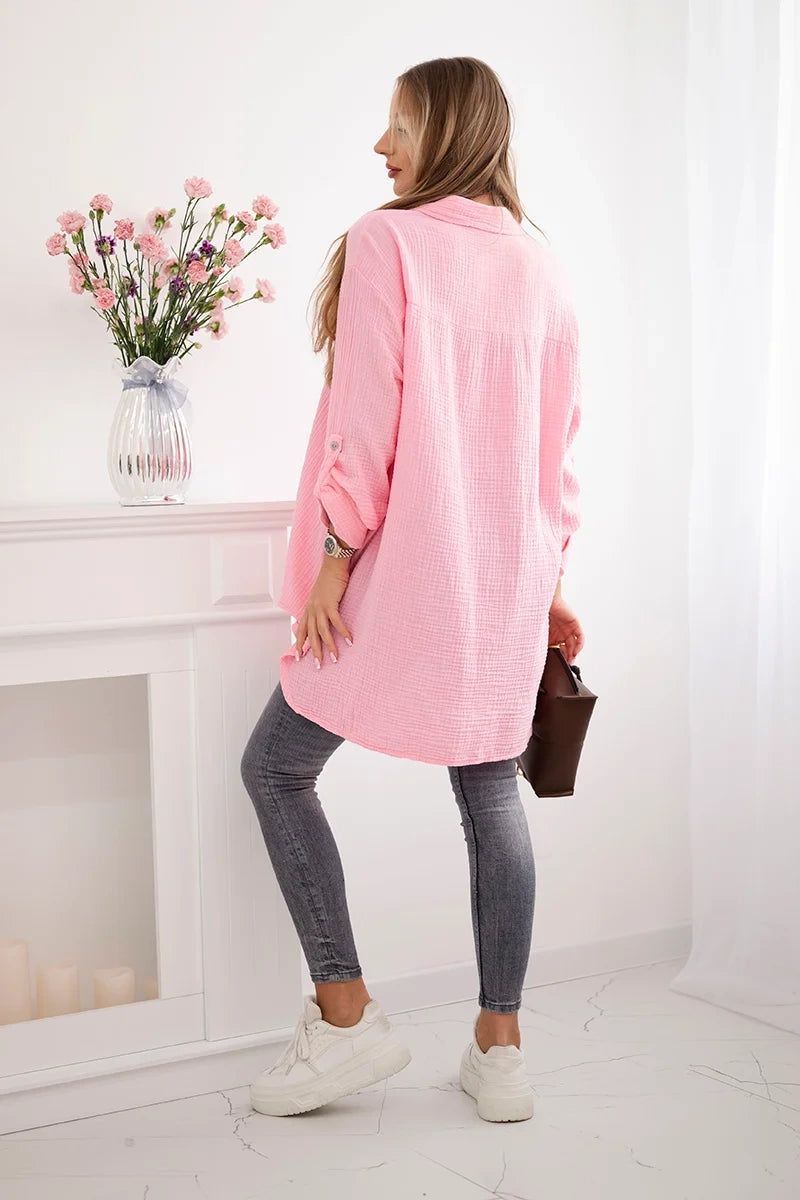 Bavlnená mušelínová košeľa Plus Size cukríková ružová univerzálne