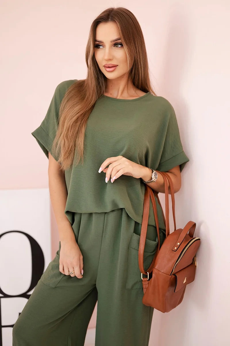 Komplet z viskózy halenka a kalhoty khaki