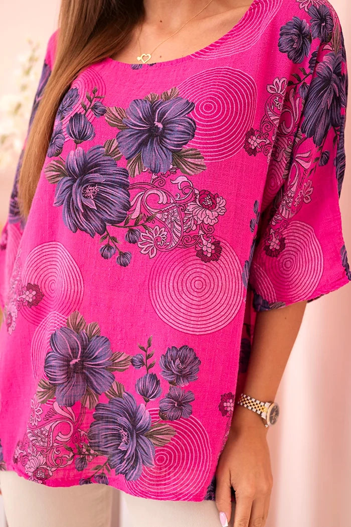 Dámska bavlnená blúzka s krátkym rukávom a kvetinovým vzorom fuchsia univerzálne