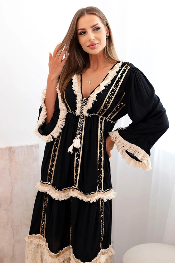 Dámske boho šaty s čipkou čierny univerzálne