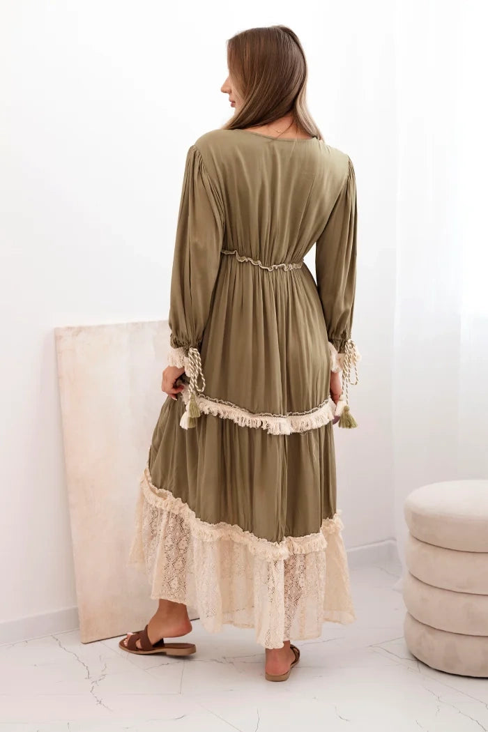Dámske boho šaty s čipkou khaki univerzálne
