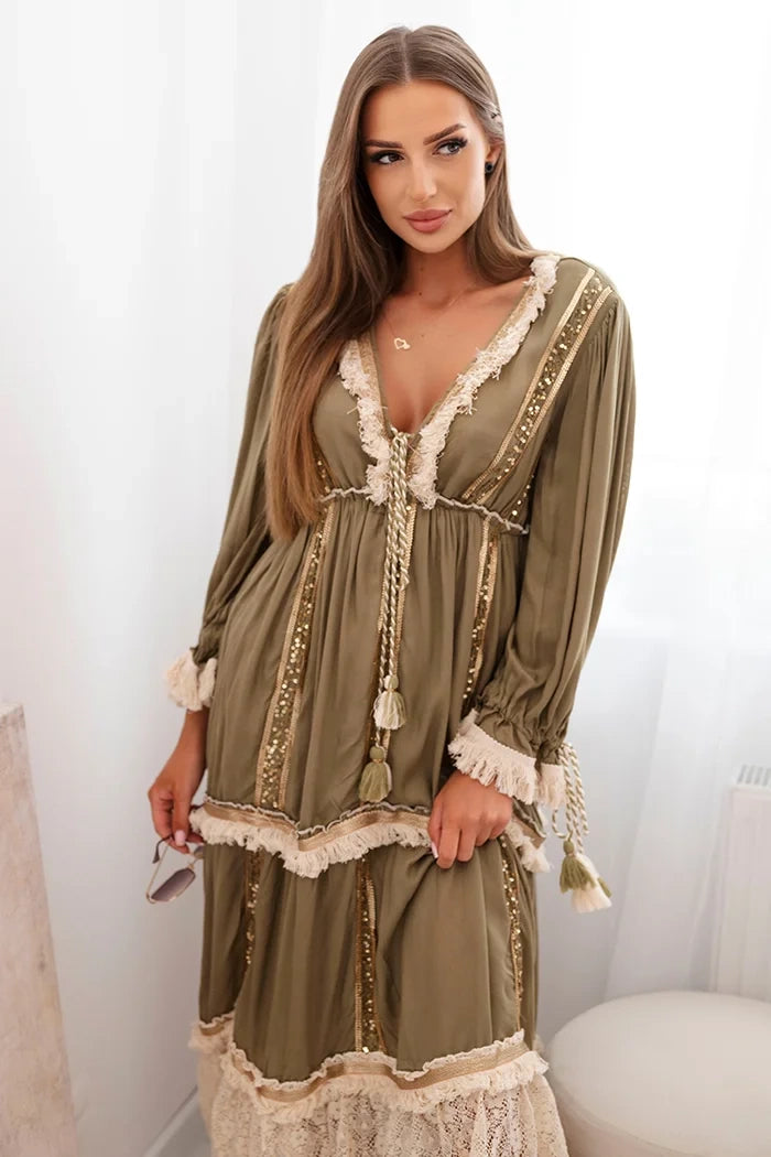 Dámske boho šaty s čipkou khaki univerzálne