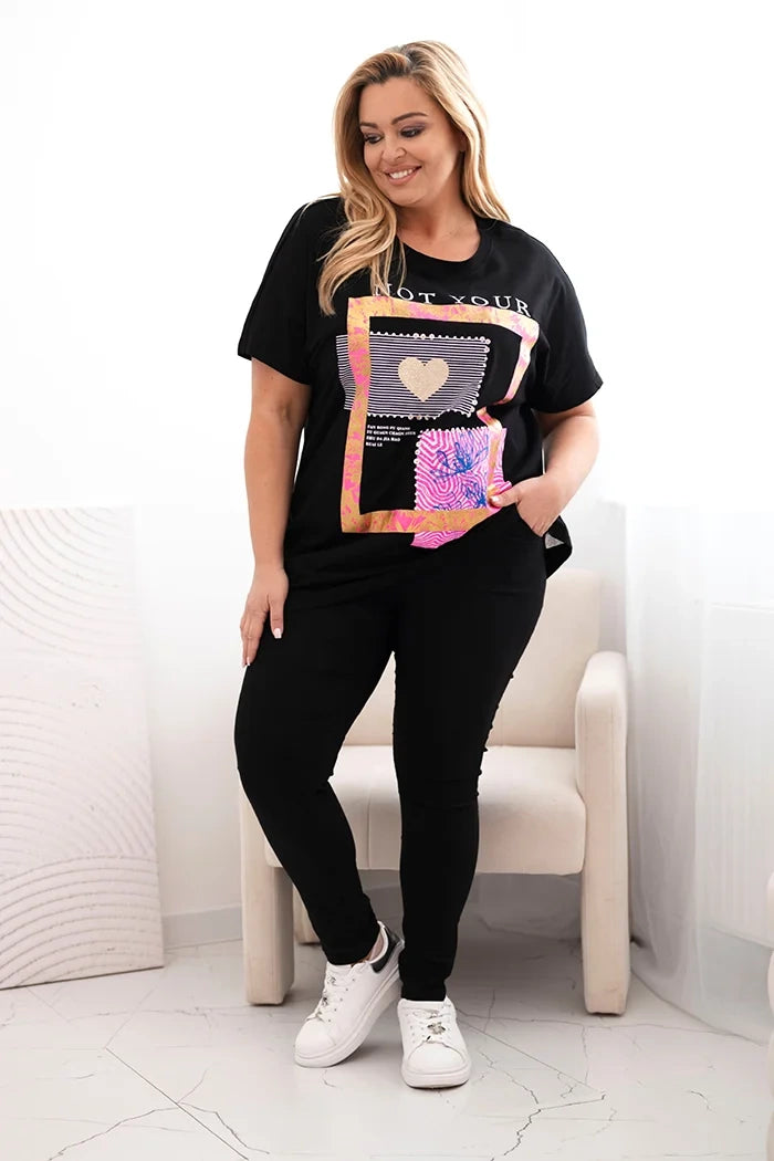 Dámska bavlnená blúzka Plus Size so zlatým nápisom čierna + ružová univerzálne
