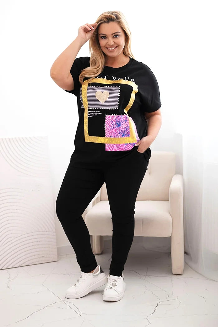 Dámska bavlnená blúzka Plus Size so zlatým nápisom čierna + žltá univerzálne
