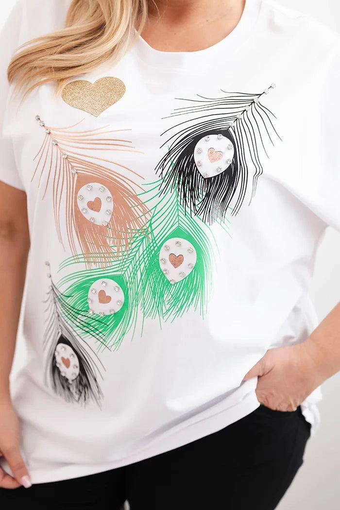 Dámska bavlnená blúzka Plus Size s motívom pierok biela + zelená univerzálne