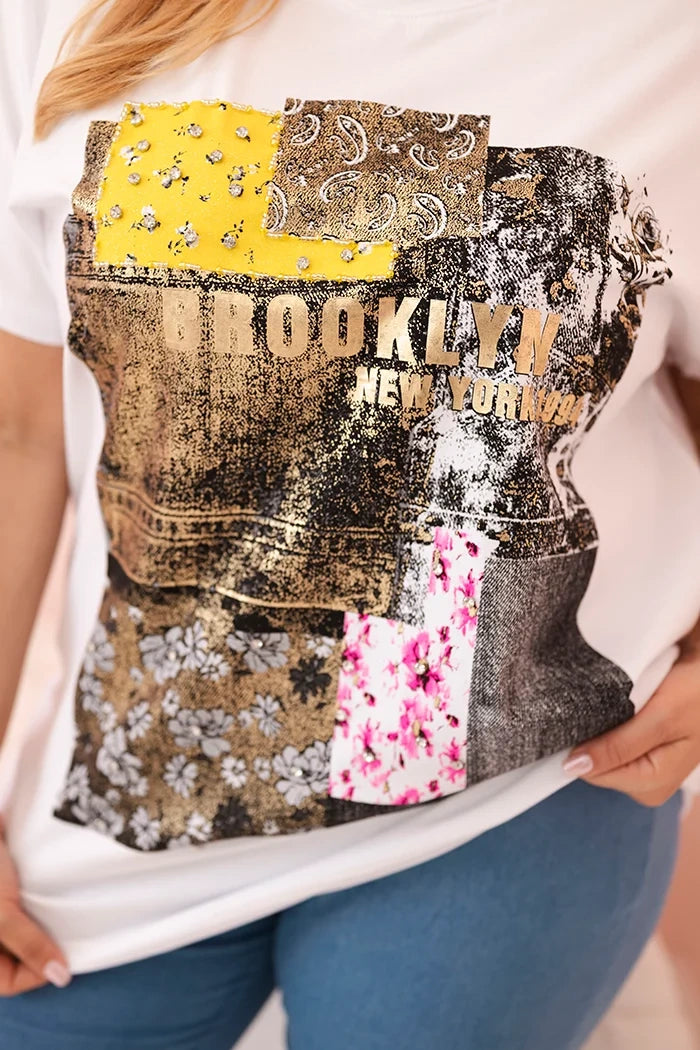 Dámska bavlnená blúzka Plus Size s farebnou potlačou biela + žltá univerzálne