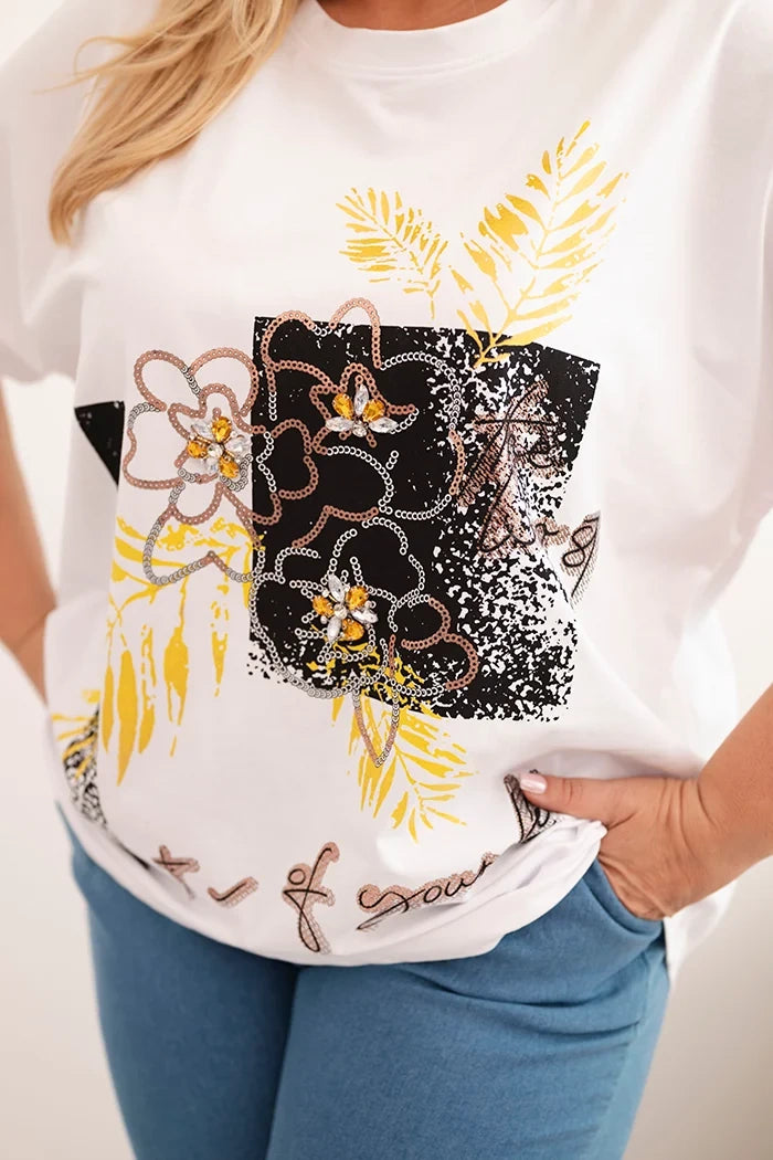 Dámska bavlnená blúzka Plus Size s ozdobnou kvetinovou potlačou biela + žltá univerzálne