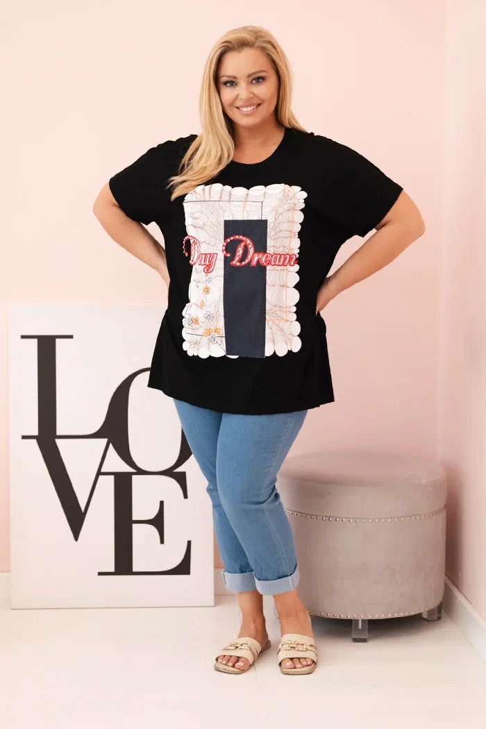 Dámska bavlnená blúzka Plus Size s nápisom „Day Dream“ čierna + tmavomodrá univerzálne