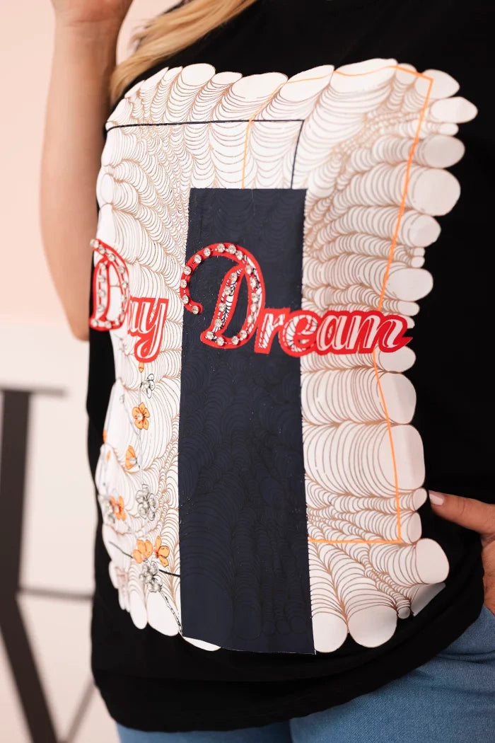 Dámska bavlnená blúzka Plus Size s nápisom „Day Dream“ čierna + tmavomodrá univerzálne