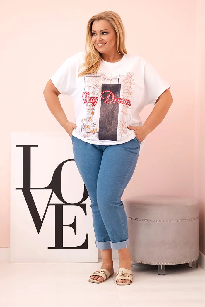 Dámska bavlnená blúzka Plus Size s nápisom „Day Dream“ biela + tmavomodrá univerzálne