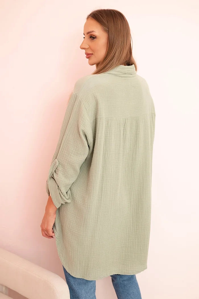 Bavlnená mušelínová košeľa oversize svetlá khaki univerzálne