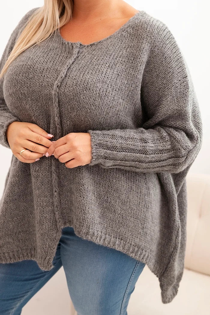 Dámsky sveter Plus Size z akrylom s voľným strihom a rukávom 3/4 grafitový univerzálne