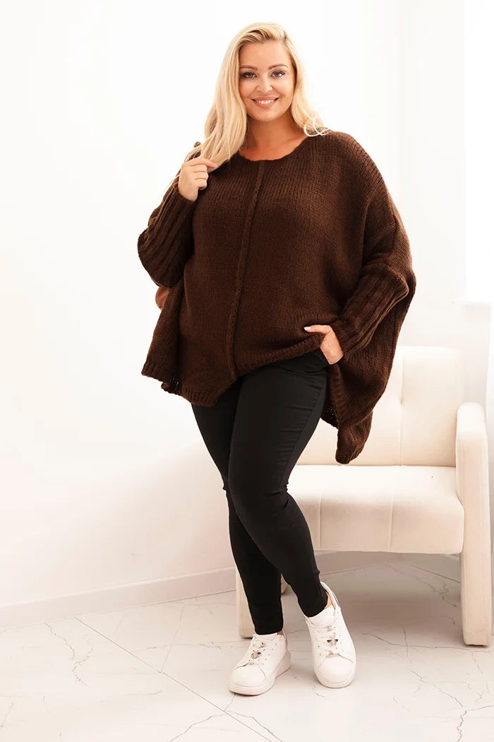 Dámsky sveter Plus Size s akrylom vo voľnom strihu a rukávom 3/4 hnedý univerzálne