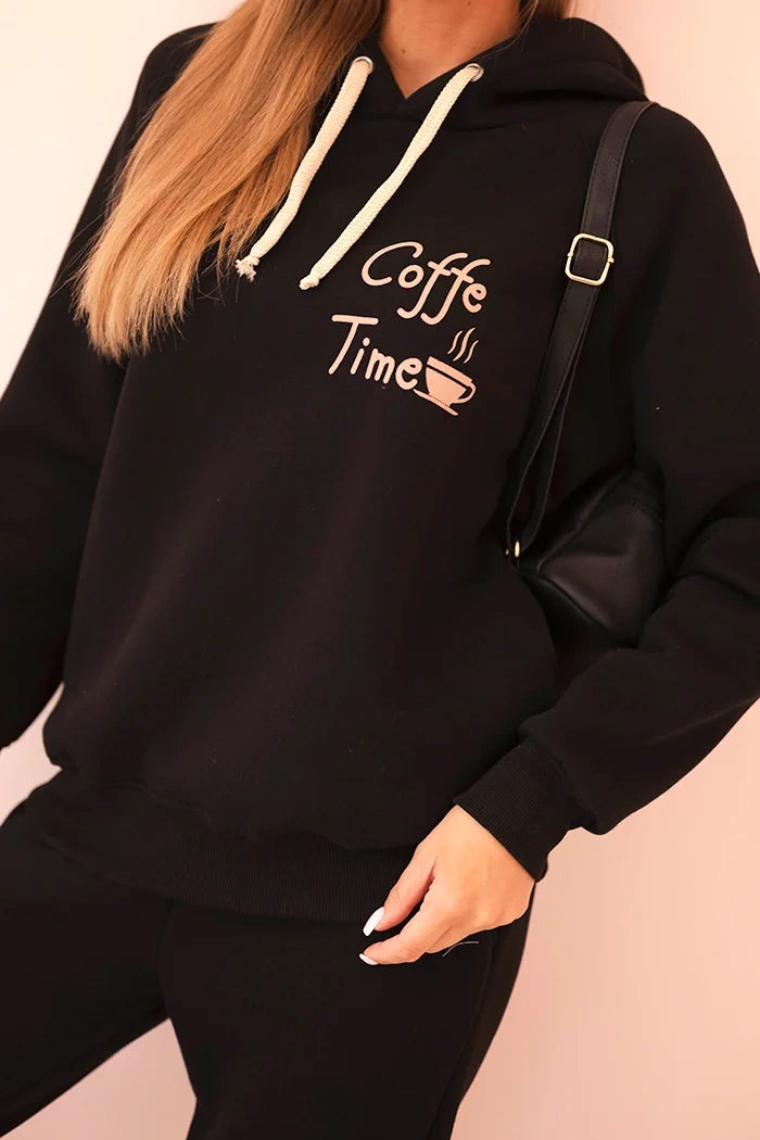 Dámský bavlněný zateplený komplet Coffe Time černý