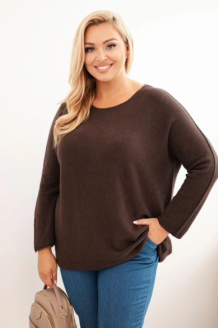 Dámsky sveter plus size s lodičkovým výstrihom hnedý univerzálne
