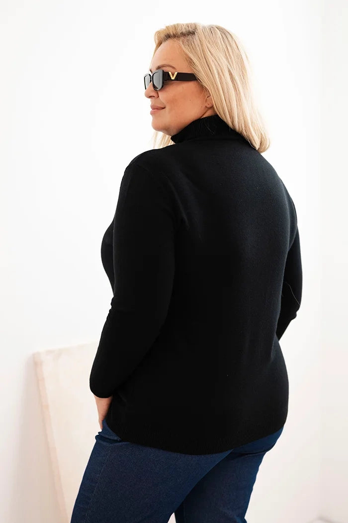 Dámsky sveter Plus Size z viskózy klasického strihu čierny univerzálne
