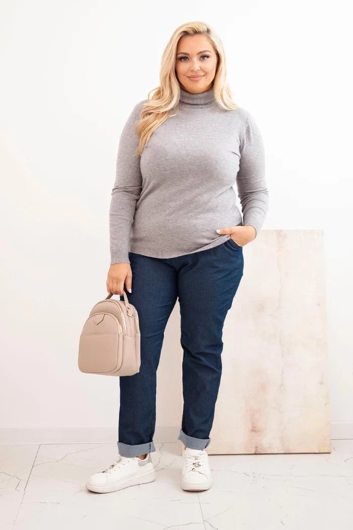 Dámsky sveter Plus Size z viskózy klasického strihu šedý univerzálne