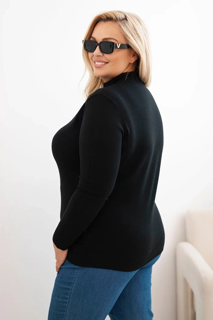 Dámsky sveter Plus Size z viskózy s golierom čierny univerzálne