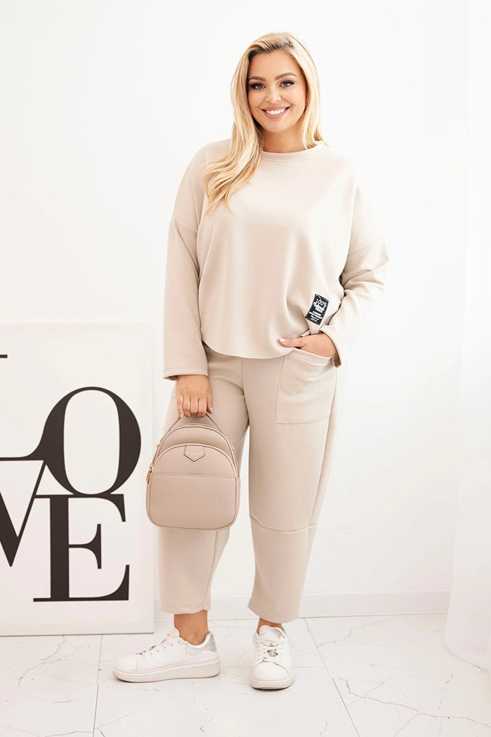 Komplet dámsky Plus Size maslo mikina a nohavice s vreckami béžový univerzálne