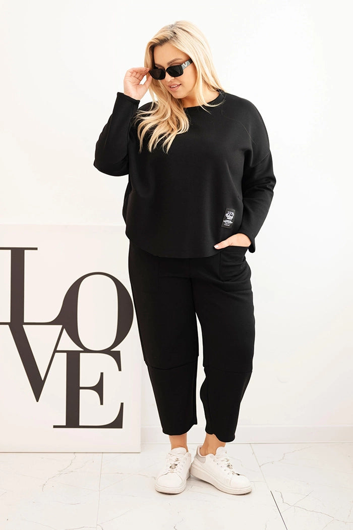 Dámsky komplet Plus Size maslo mikina a nohavice s vreckami čierny univerzálne