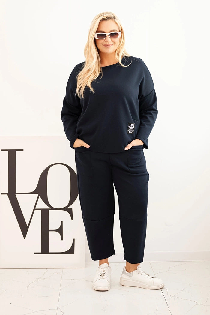 Dámsky komplet Plus Size maslo mikina a nohavice s vreckami modrý univerzálne