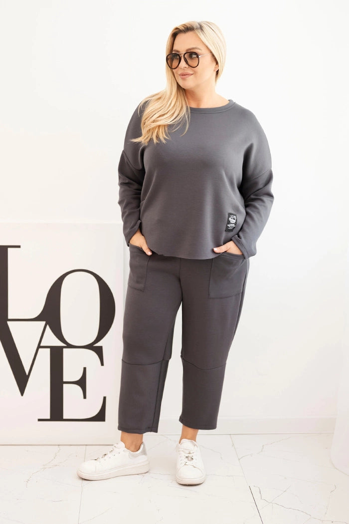 Komplet dámsky Plus Size maslo mikina a nohavice s vreckami grafitový univerzálne