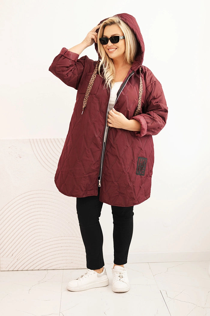 Dámska bunda Plus Size prešívaná s kapucňou a nápisom HOPE slivková univerzálne