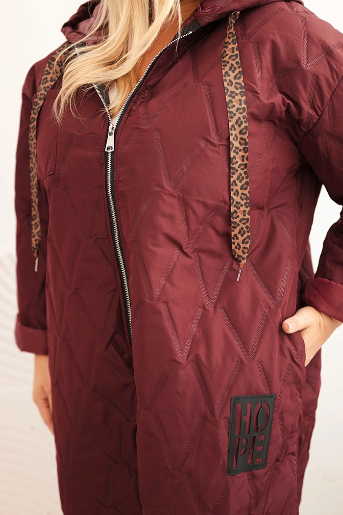 Dámska bunda Plus Size prešívaná s kapucňou a nápisom HOPE slivková univerzálne