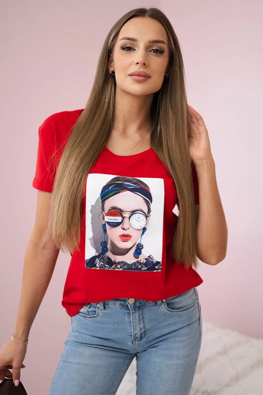 Blúzka s grafikou ženy červená univerzálne