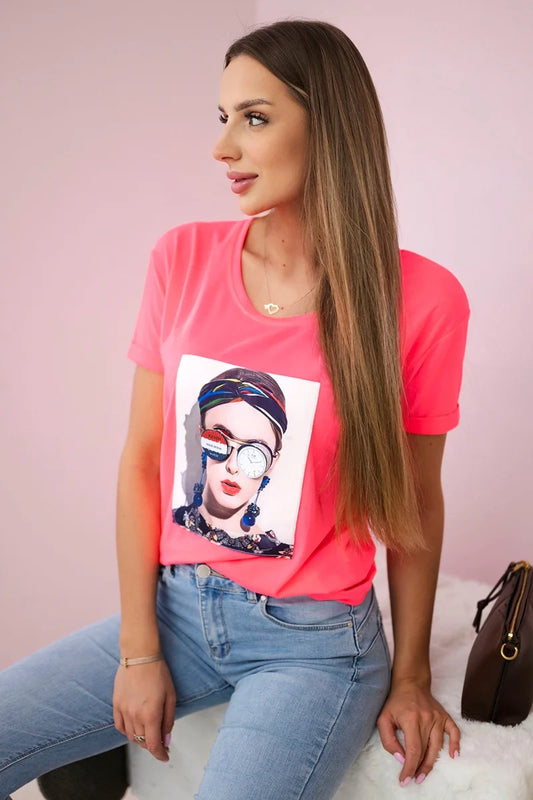 Blúzka s grafikou ženy ružový neón univerzálne