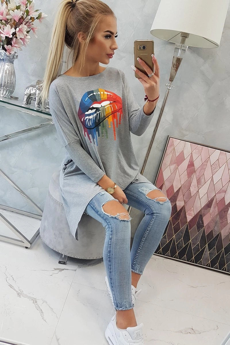 Blúzka oversize s potlačou dúhových pier серый univerzálne