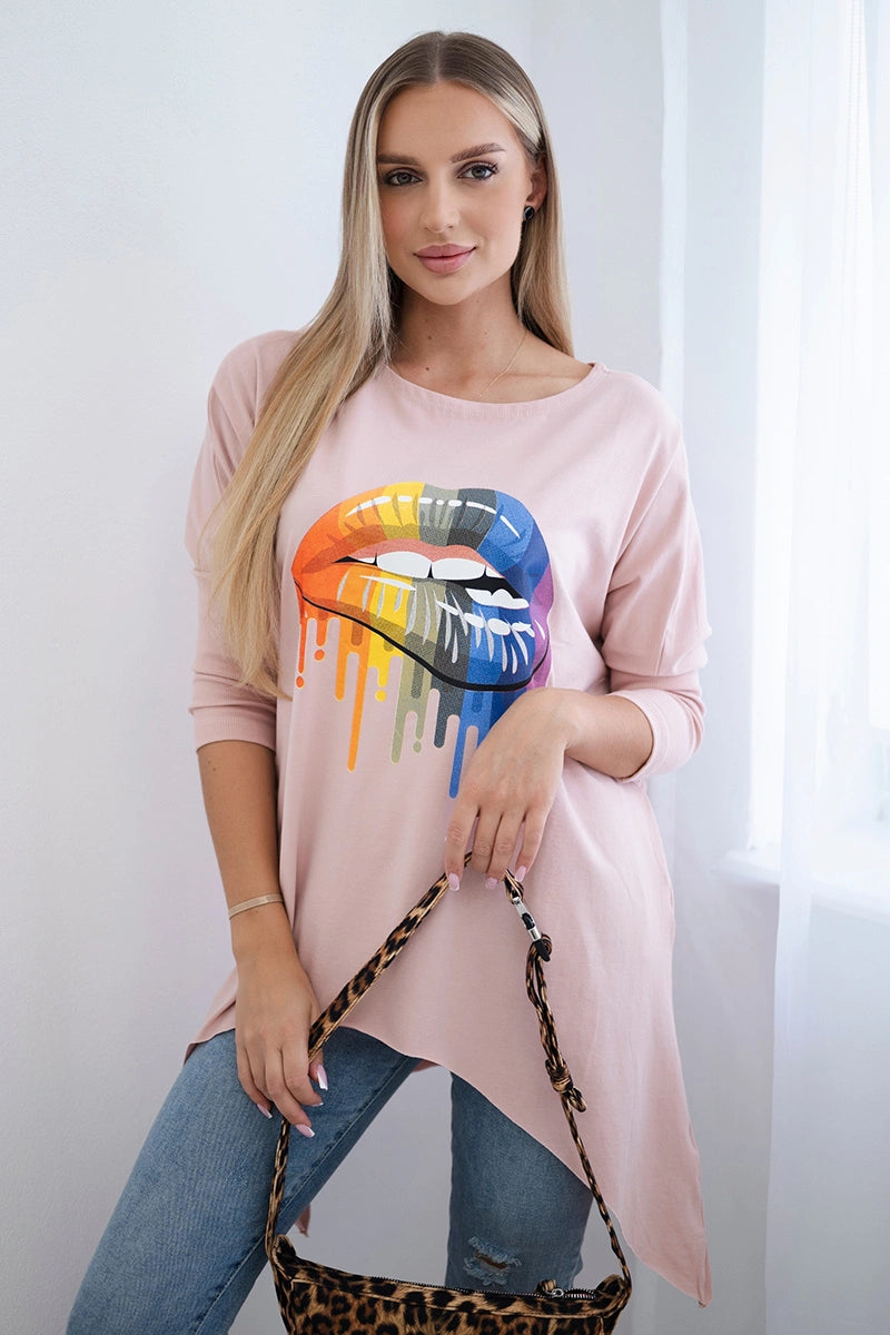 Blúzka oversize s potlačou dúhových pier tmavy prášková ružová univerzálne