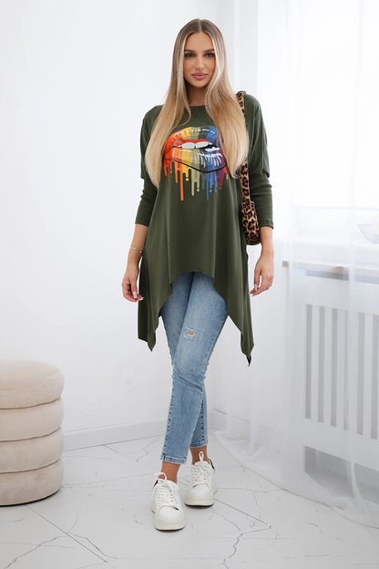 Blúzka oversize s potlačou dúhových pier khaki univerzálne