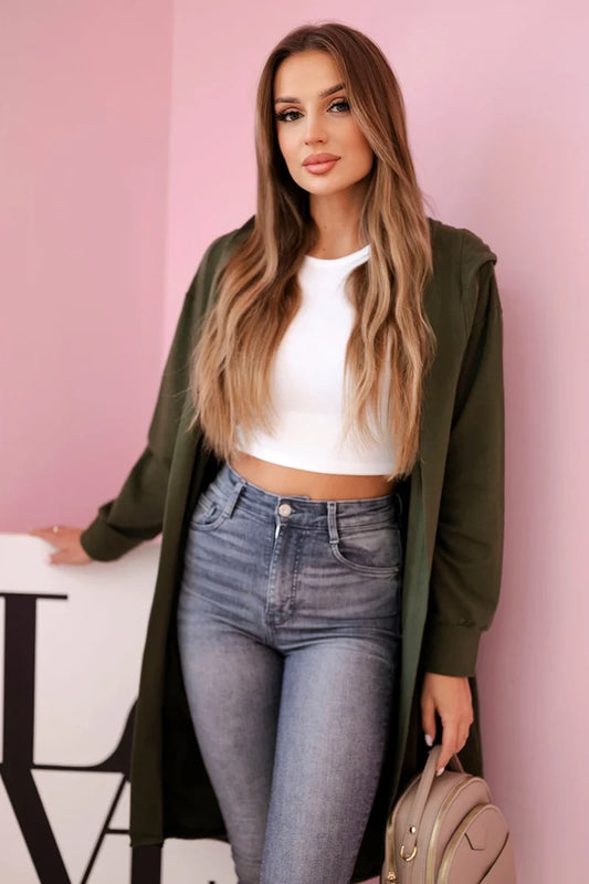 Kardigán s kapucňou oversize khaki univerzálne