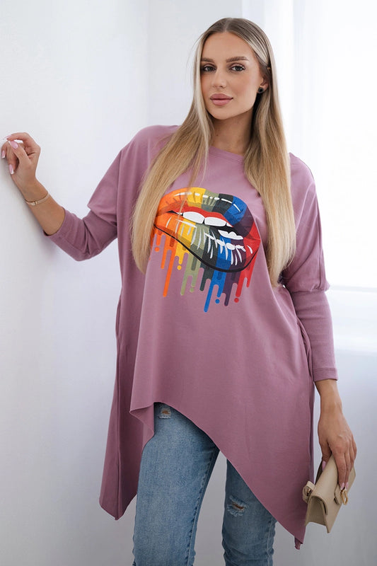 Blúzka oversize s potlačou dúhových pier tmavo ružová univerzálne