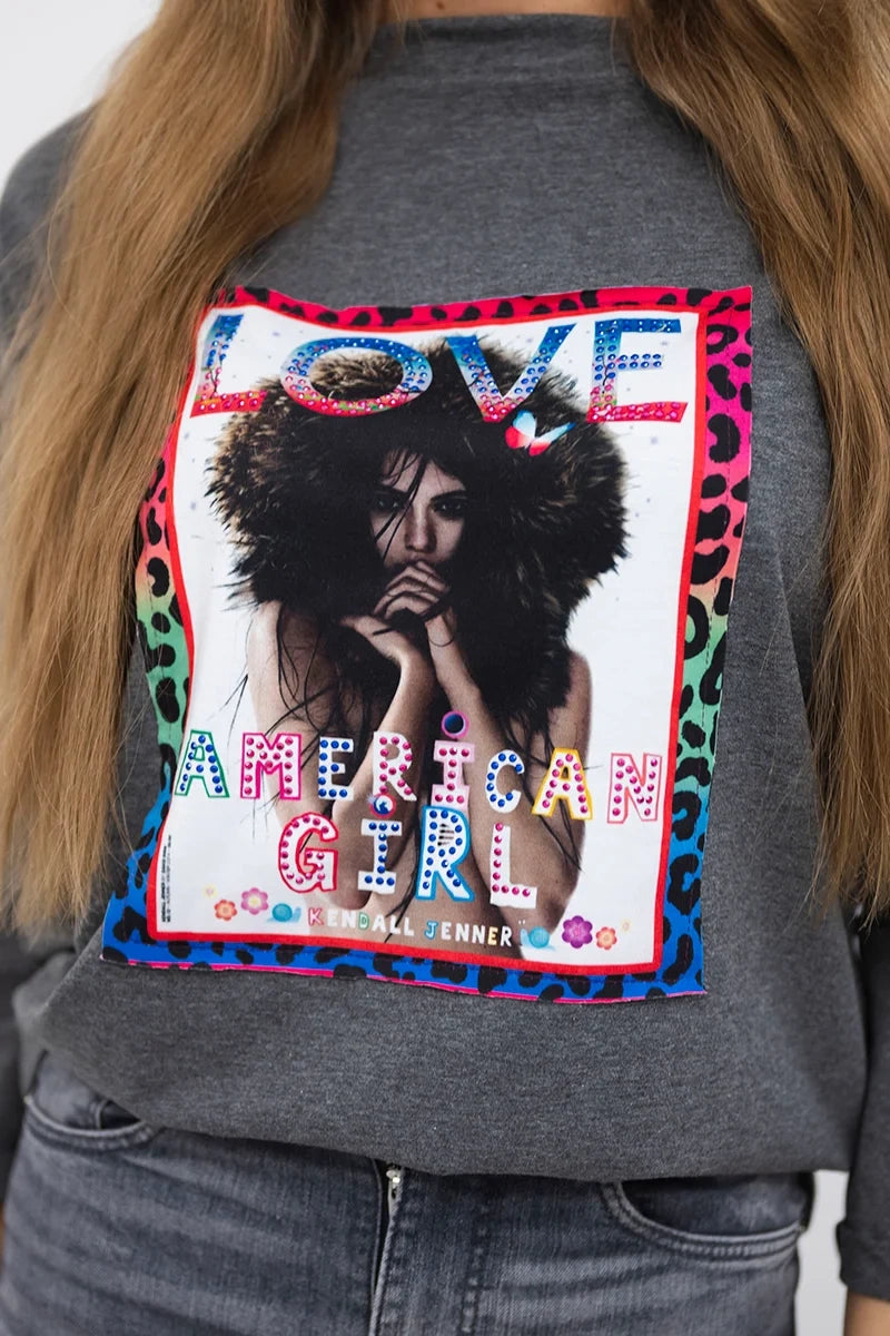 Blúzka s grafikou American Girl grafitu S/M - L/XL S/M