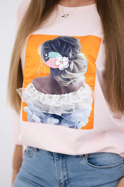 Blúzka s grafikou 3D, čipka prášková ružová univerzálne